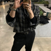 Threebooy Korean Plaid Shirt Men Oversized Fashion Retro Casual Shirt Men Streetwear Loose Long Sleeved Shirt Mens Black Vintage Shirts